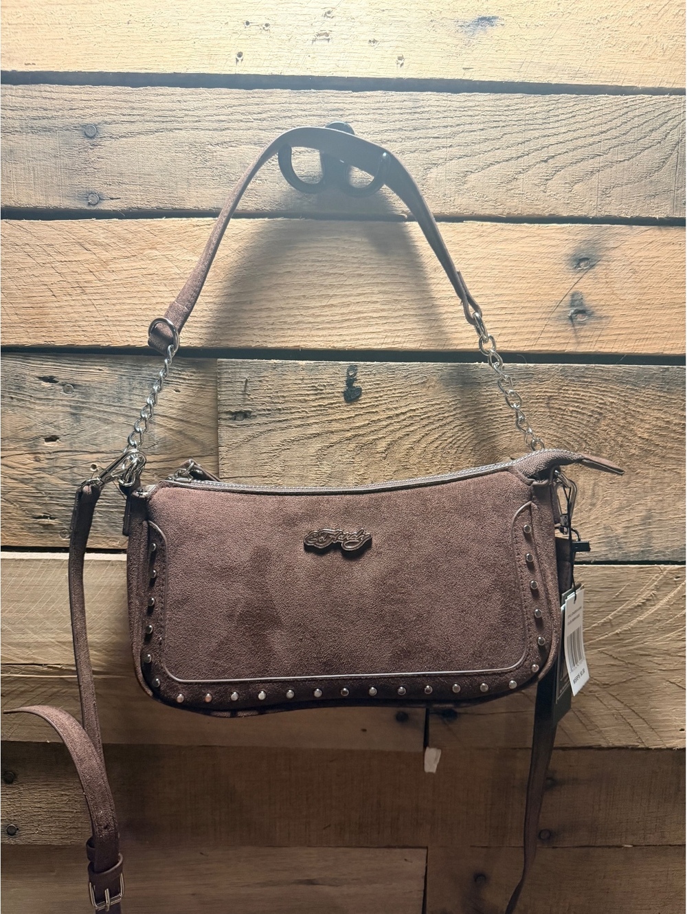 Ed Hardy Brown Suede Studded Shoulder Crossbody Bag Purse NWT